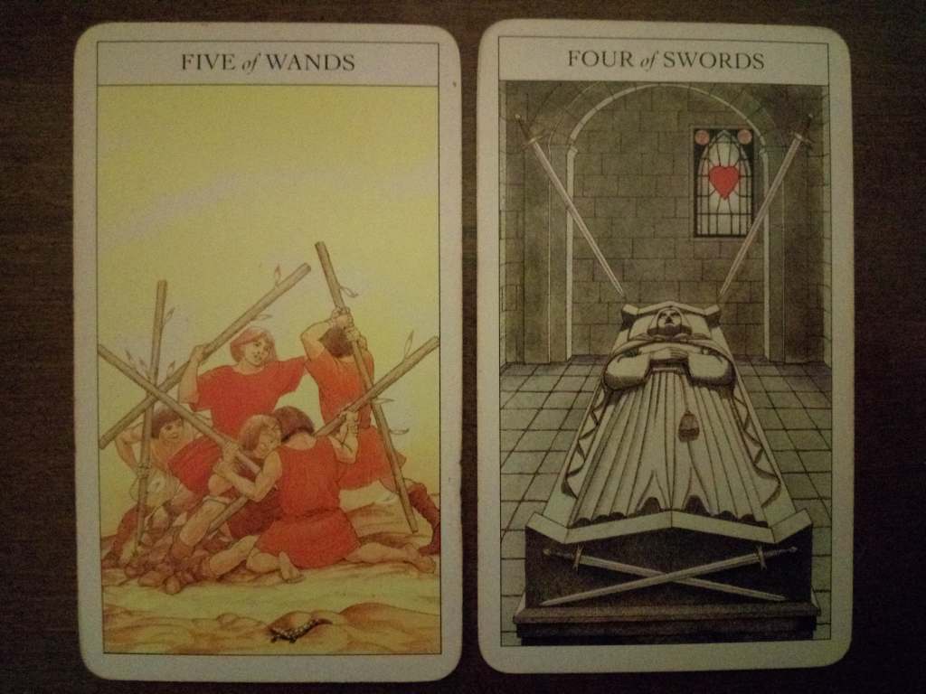 Two tarot cards: Five of Wands, Four of Swords