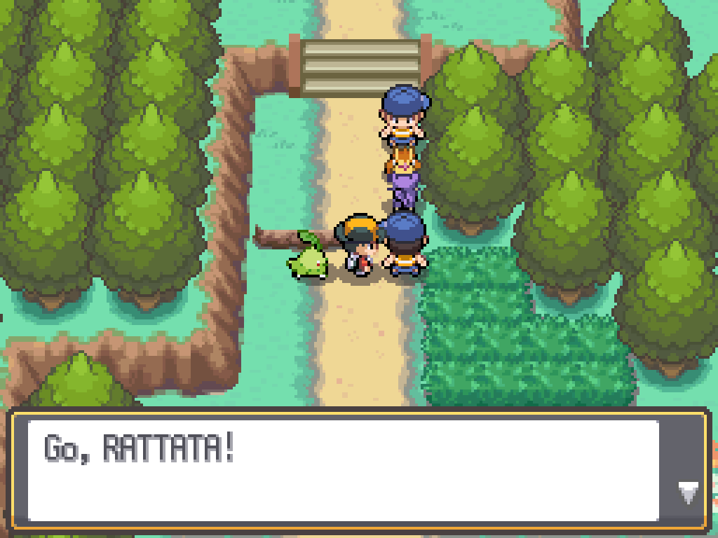 A Pokémon battle between two Youngsters blocks the way.  One has a Pidgey, the other a Rattata.