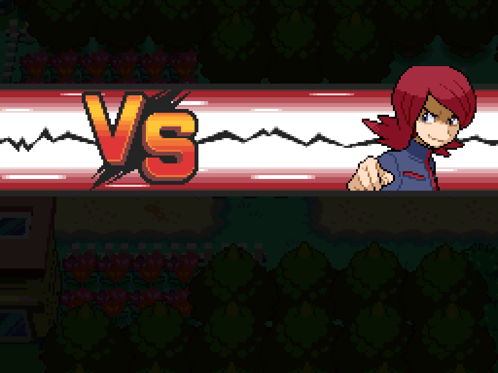 "VS" screen with close-up of rival character: a boy with long red hair and a smart blue-grey jacket with red trim.