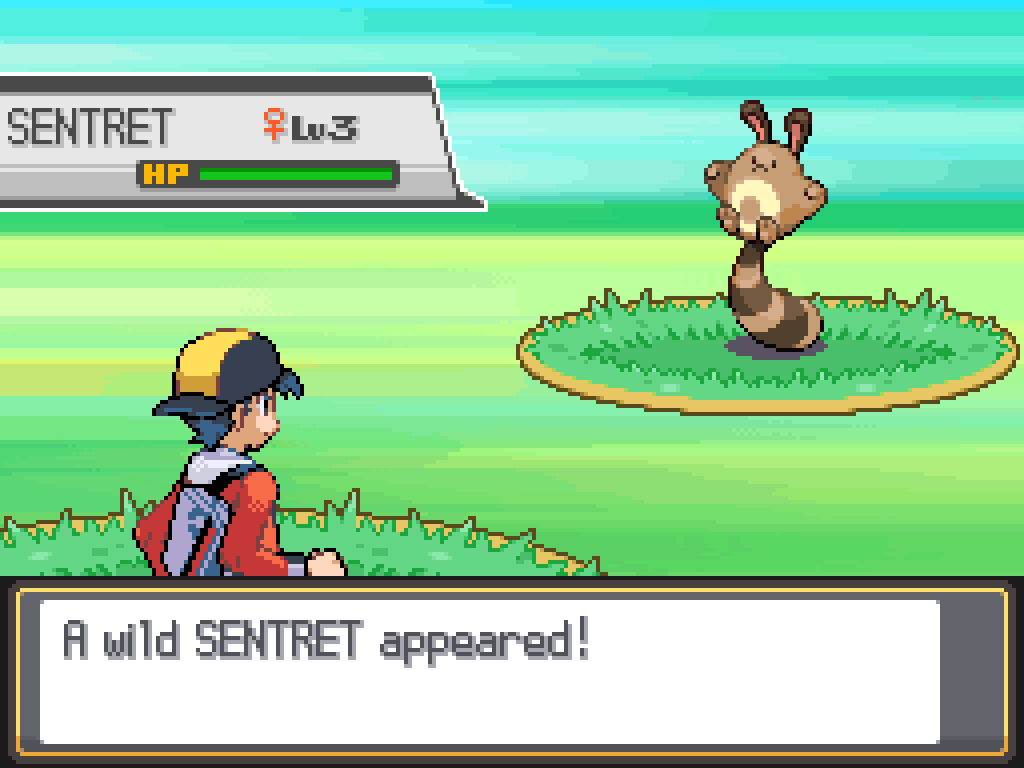 Battle screen as the player encounters a wild level 3 female Sentret.