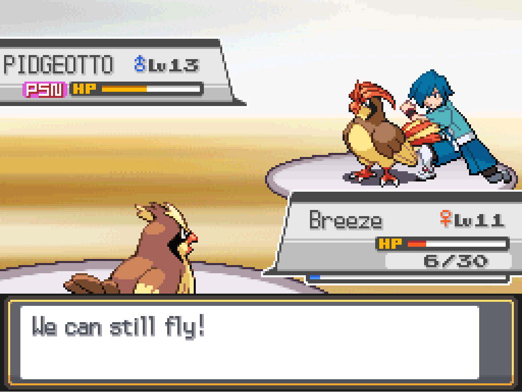 Battle screen: Breeze is now critically injured, the enemy Pidgeotto badly injured.  Falkner interjects: We can still fly!