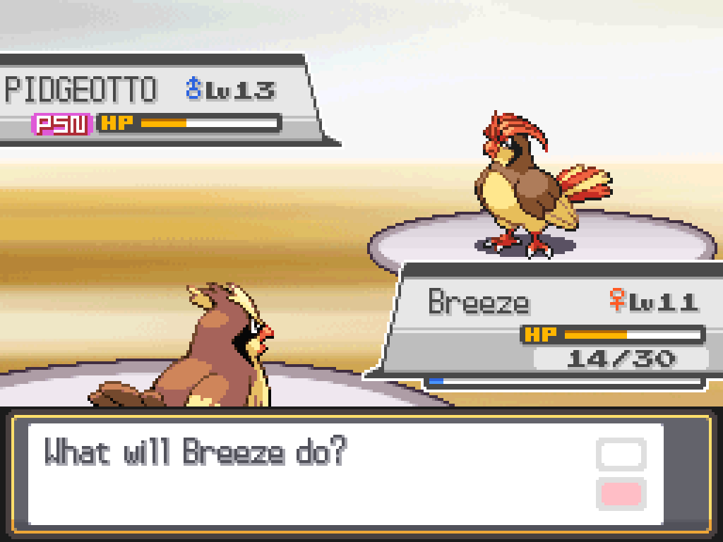 Battle screen: Breeze and the enemy Pidgeotto are now both badly injured.