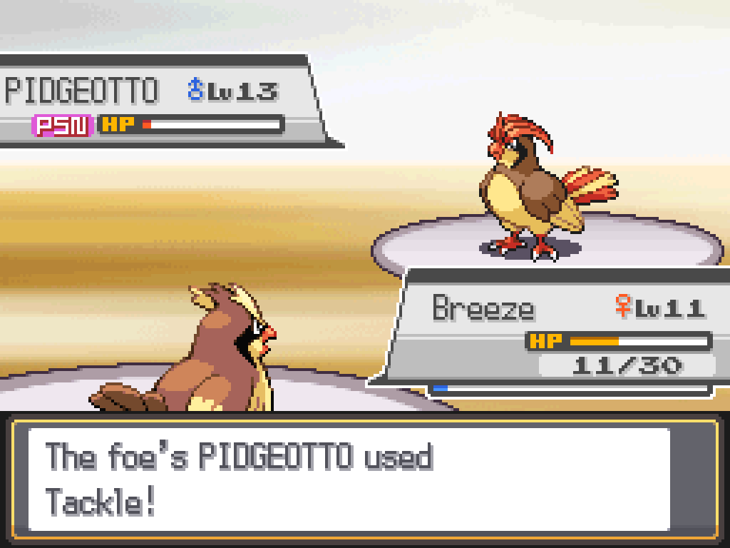 Battle screen: Pidgeotto uses Tackle, damaging but not defeating Breeze.