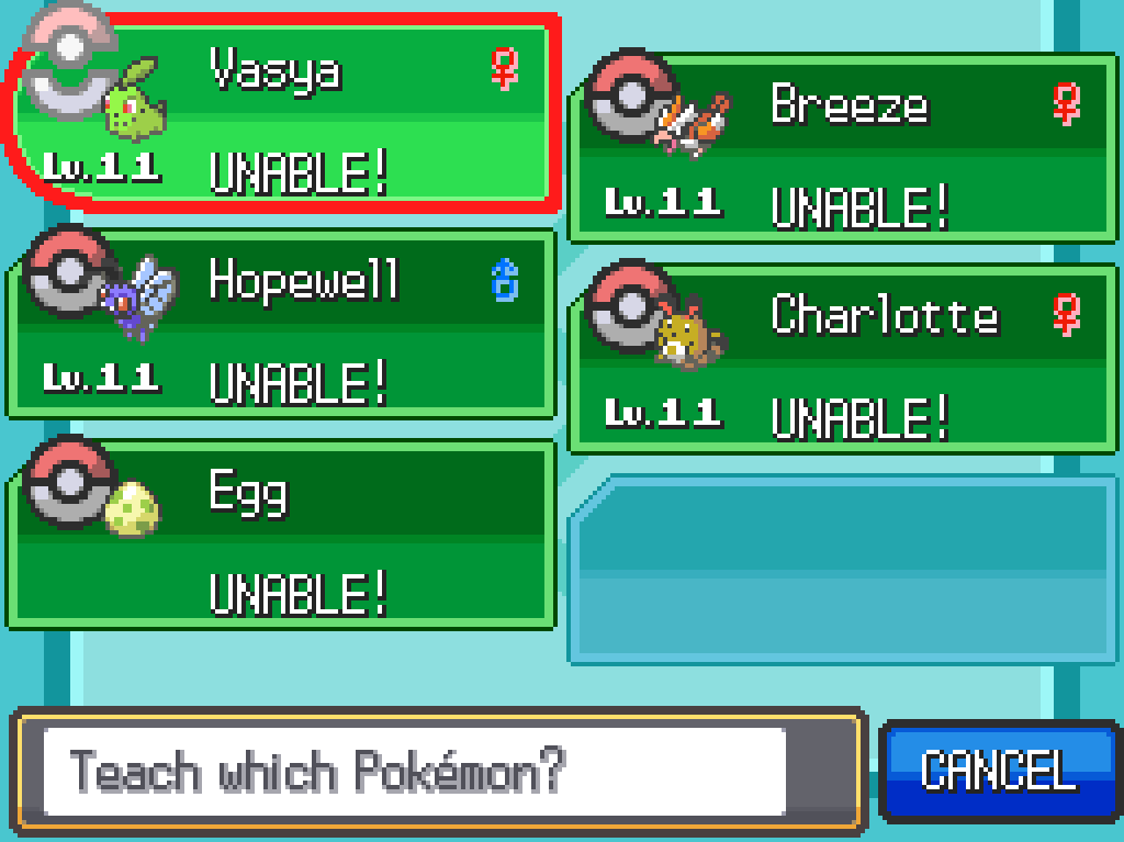 Party screen: all Pokémon listed as unable to learn the move.