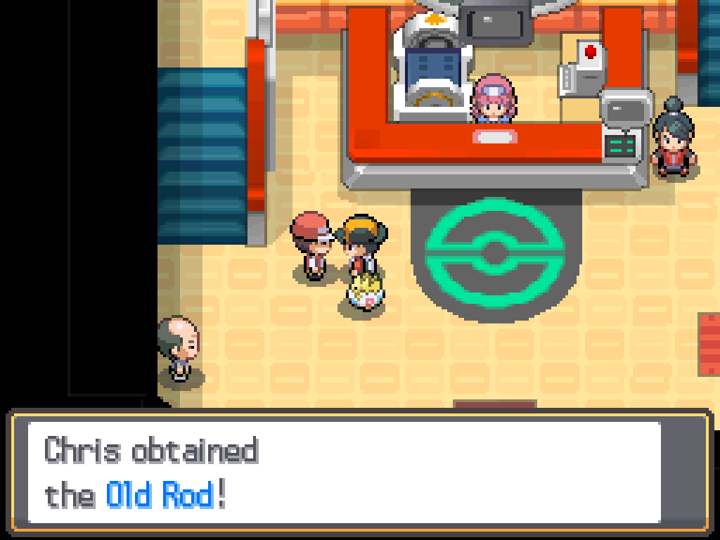 In a Pokémon Centre, talking to a fisherman.  Game text: Chris obtained the Old Rod!