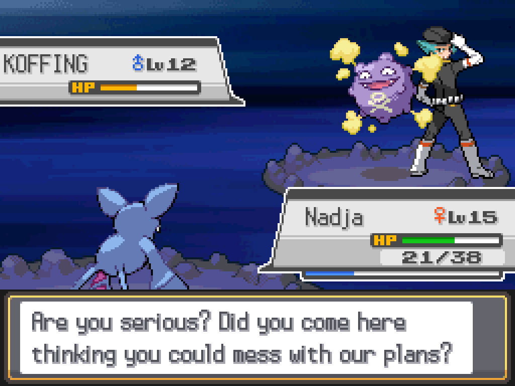 Nadja is now injured, the Koffing badly injured.  Proton interjects: Are you serious?  Did you come here thinking you could mess with our plans?