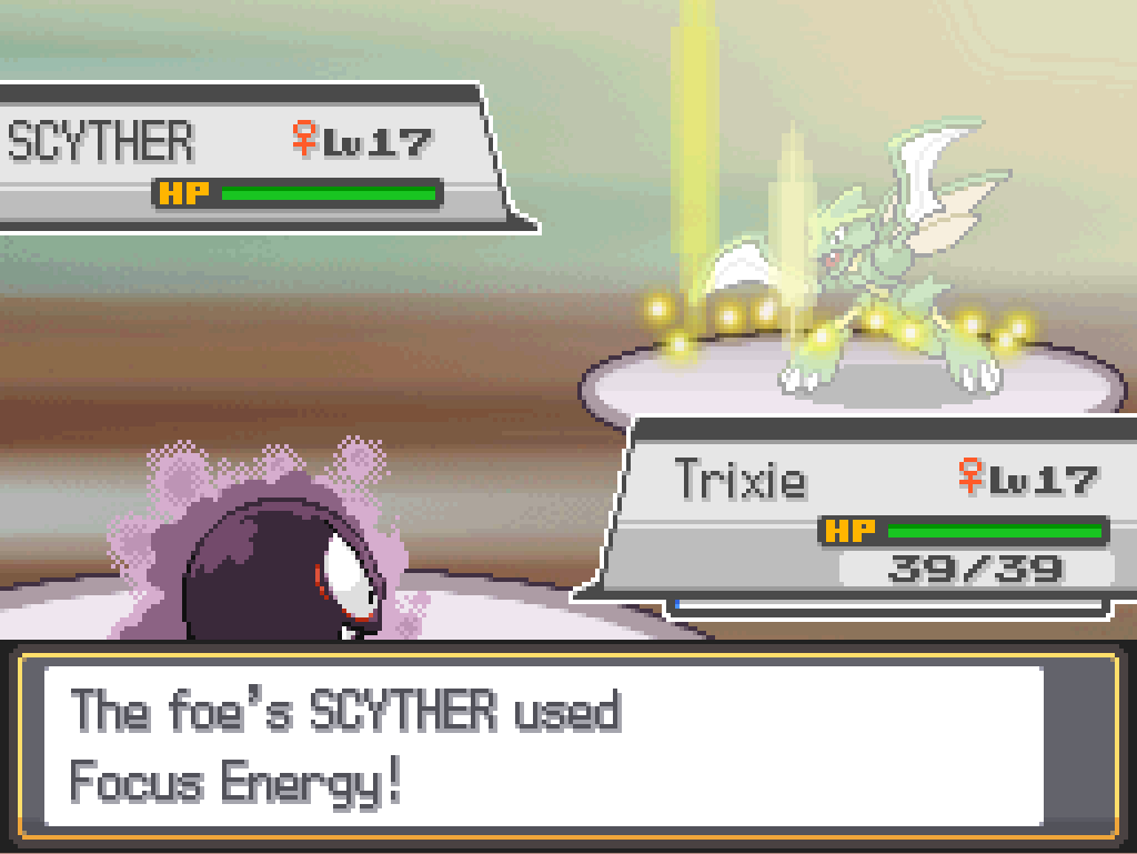 Battle screen: Trixie the Gastly faces a level 17 female Scyther.  Game text: The foe's Scyther used Focus Energy!