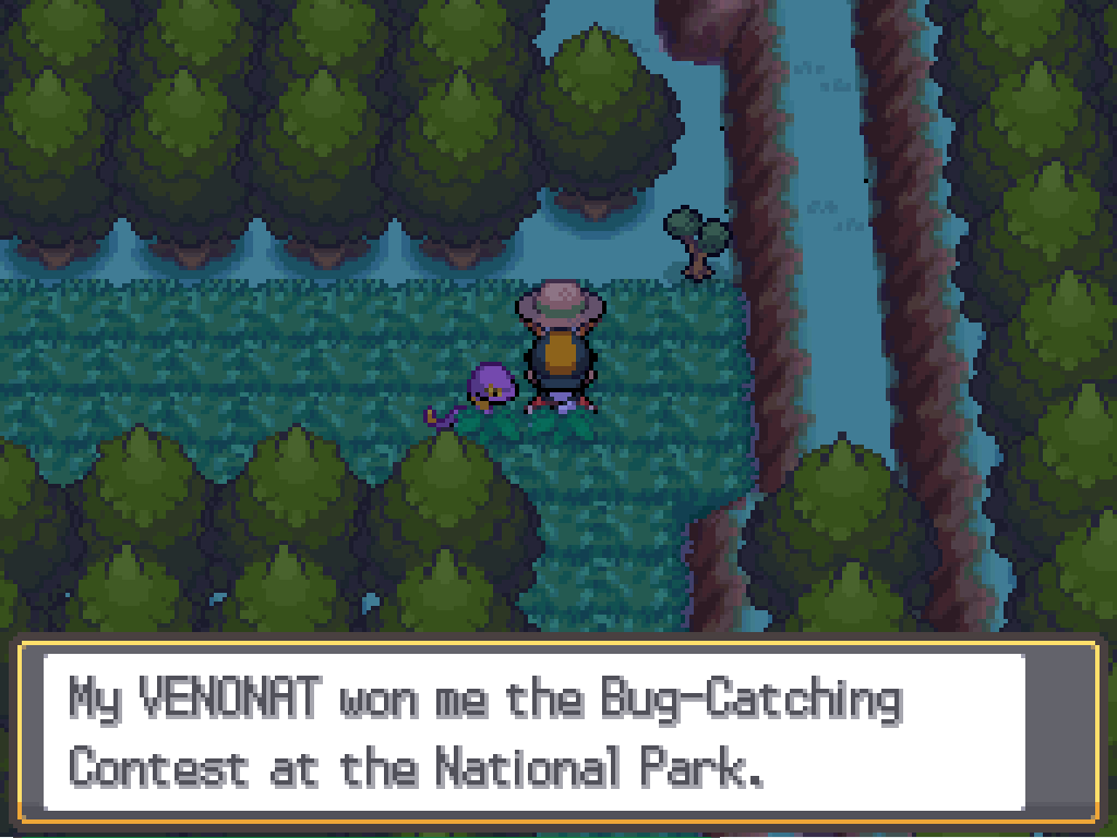 Talking to a boy in a straw hat, deep in some long grass: My Venonat won me the Bug-Catching Contest at the National Park.