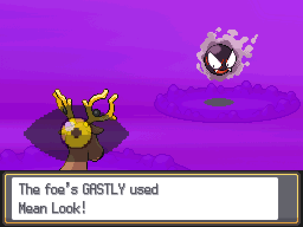 Deerthing, a level 19 male Stantler, faces a level 20 male Gastly.
Game text: The foe's Gastly used Mean Look!