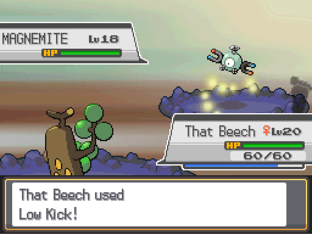 That Beech, a level 20 female Sudowoodo, faces a level 18 Magnemite.  Game text: That Beech used Low Kick!