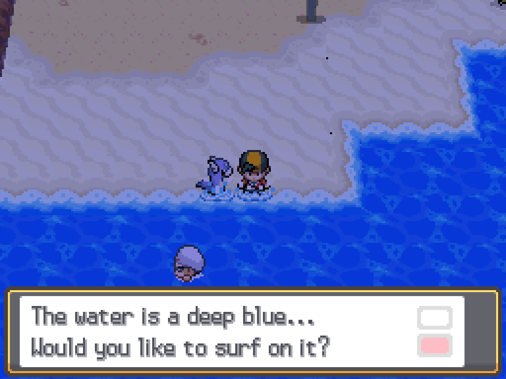 On the sandy beach, facing the sea.  Game text: The water is a deep blue... Would you like to surf on it?