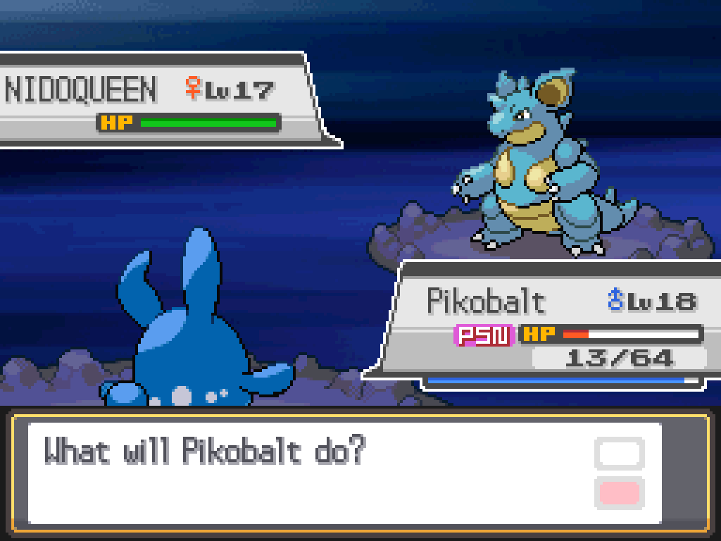 Pikobalt, poisoned and with 13/64 HP, faces an uninjured level 17 Nidoqueen.